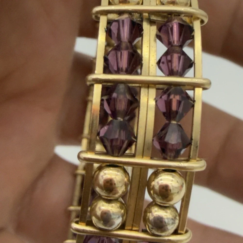 Vintage Rolled Gold Wire Wrapped Bracelet Purple Crystal Faux Pearl Beaded Read